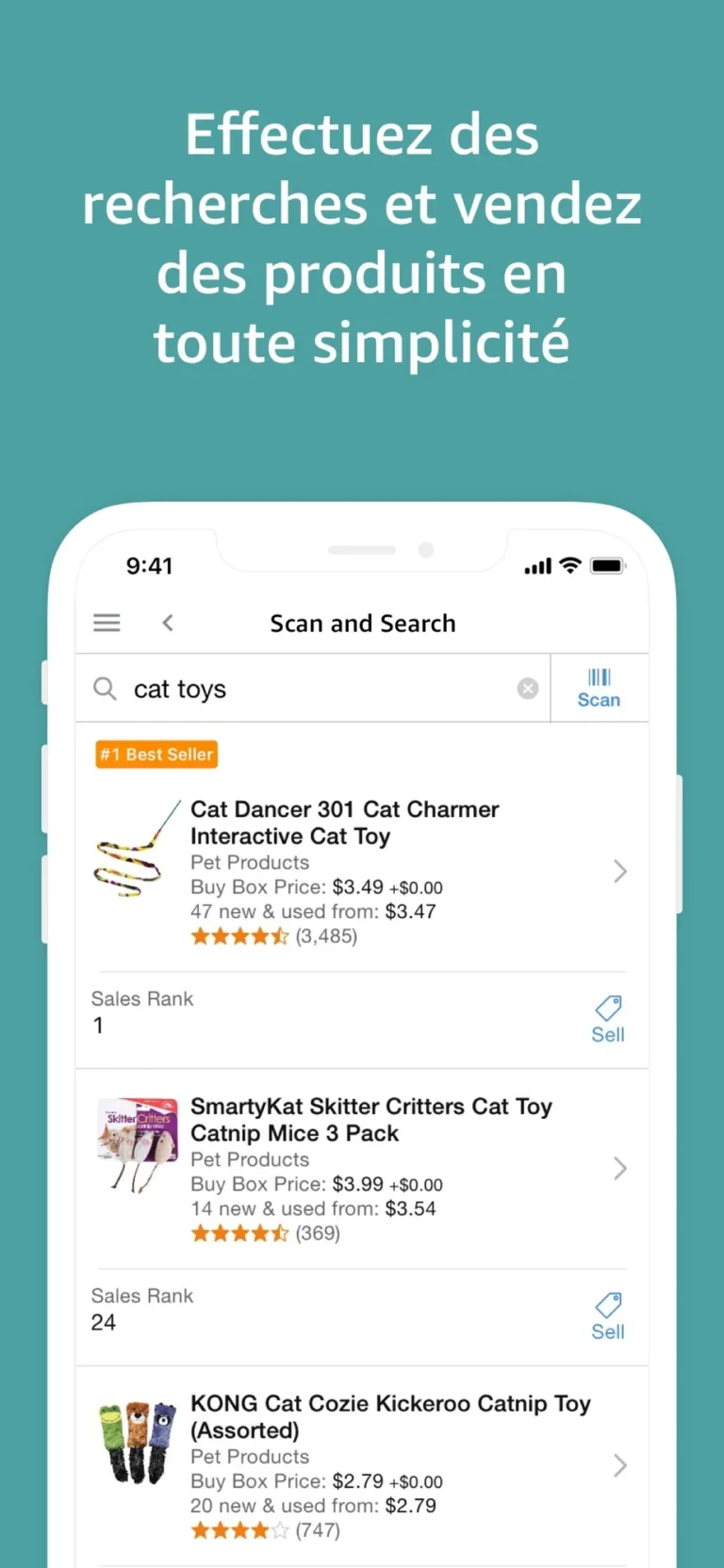 Recherche et scan de produits dans l'application Amazon Seller avec prix de la Buy Box et rang des ventes