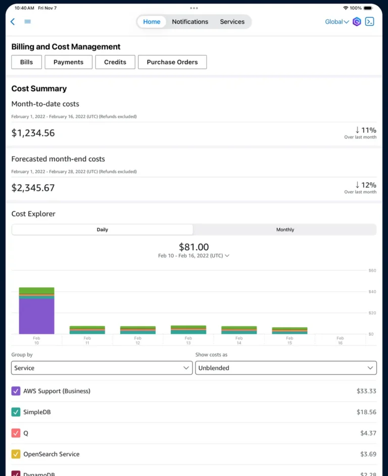 Écran Billing and Cost Management de l'application AWS : coût du mois, prévision de fin de mois et graphique Cost Explorer par service