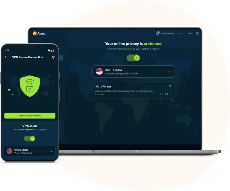 Écran Premium VPN d'Avast sur ordinateur et mobile avec interrupteur de connexion, choix du pays et adresse IP virtuelle