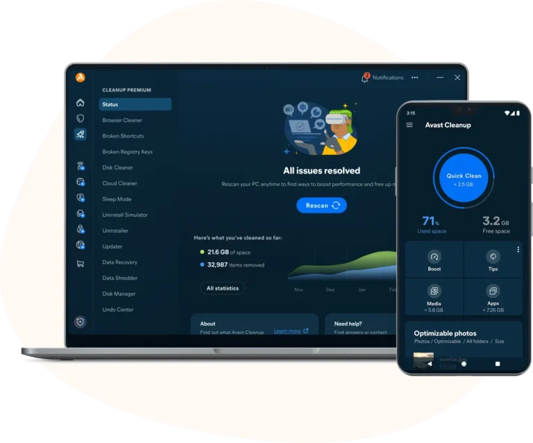 Tableau de bord Avast Cleanup Premium sur PC avec outils de nettoyage et historique, et application Cleanup sur mobile