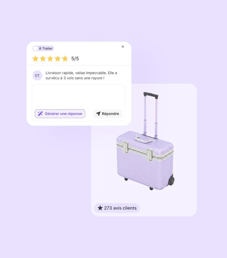 Fenêtre de réponse à un avis client Avis Vérifiés avec le bouton Générer une réponse par IA