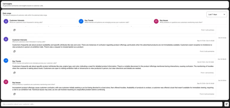Écran Call Insights de la consultation vidéo Bambuser : intérêts clients, tendances et problèmes résumés par IA