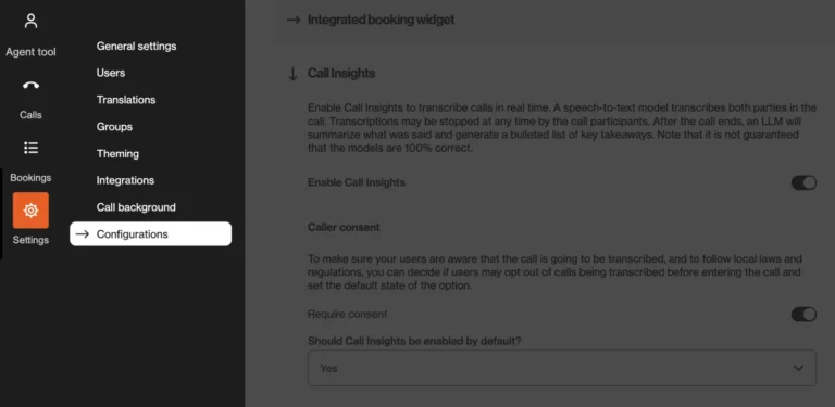 Réglages de la consultation vidéo Bambuser : menu Configurations et activation de Call Insights avec consentement de l'appelant