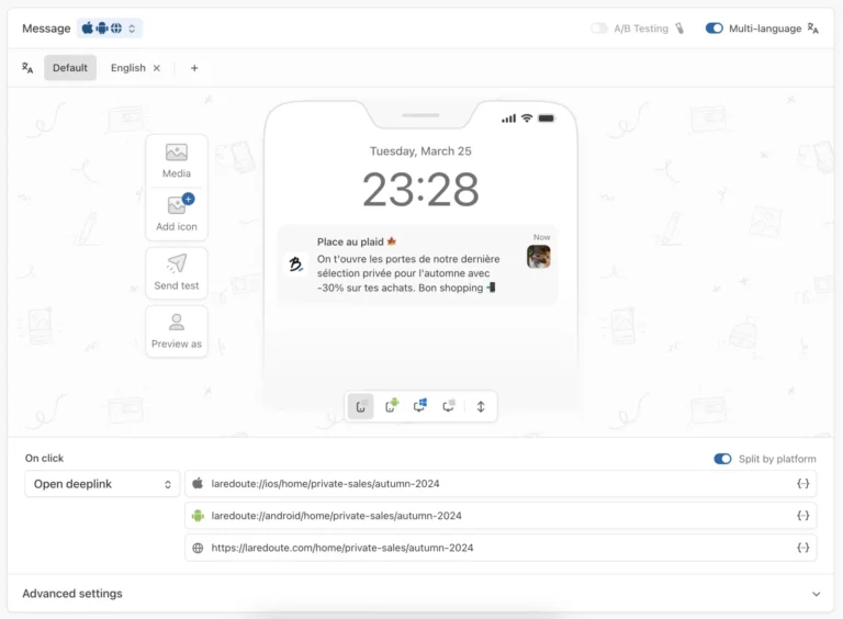 Compositeur de notification push de Batch avec aperçu sur écran verrouillé, onglets de langue et deeplinks par plateforme