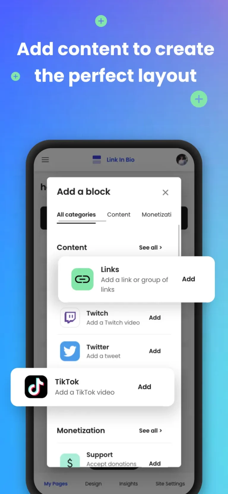 Application mobile Beacons : fenêtre d'ajout d'un bloc avec liens, vidéo Twitch, tweet, vidéo TikTok et bloc de dons