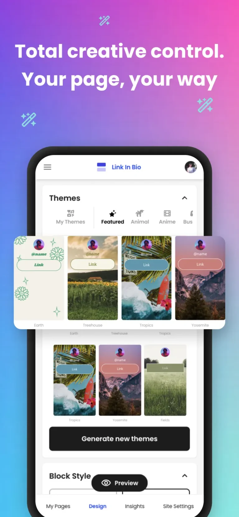 Application mobile Beacons : choix d'un thème de page link in bio et bouton de génération de nouveaux thèmes