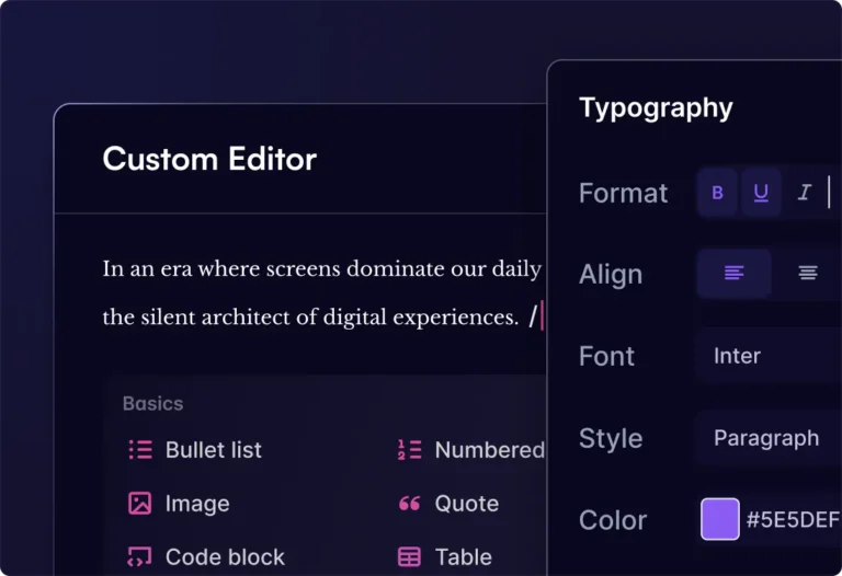 Éditeur de posts beehiiv avec menu de blocs (liste, image, citation, code, tableau) et panneau de typographie