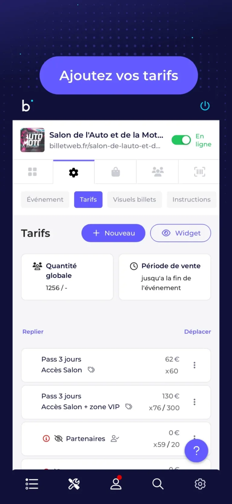 Écran Tarifs d'un événement dans Billetweb Organisateur : quantité globale, période de vente et liste des pass