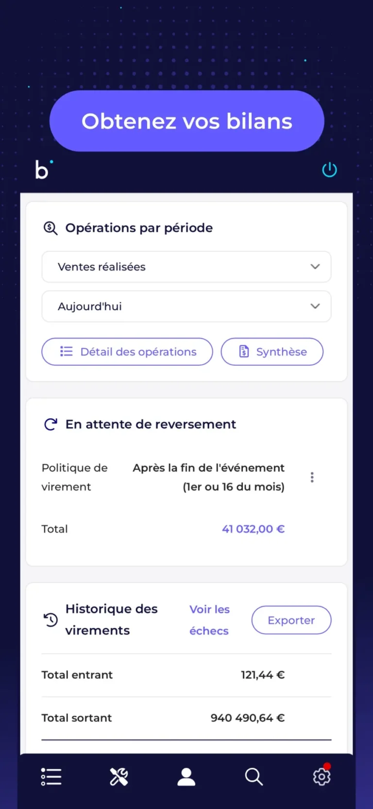 Écran comptable de Billetweb Organisateur : opérations par période, montant en attente de reversement et historique des virements