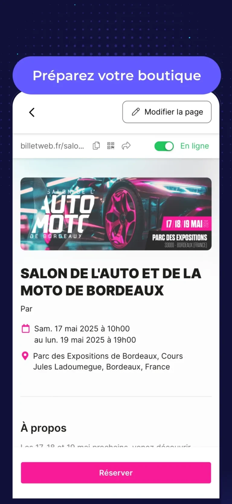 Aperçu de la boutique d'un événement dans Billetweb Organisateur avec lien de partage, QR code et bouton Réserver
