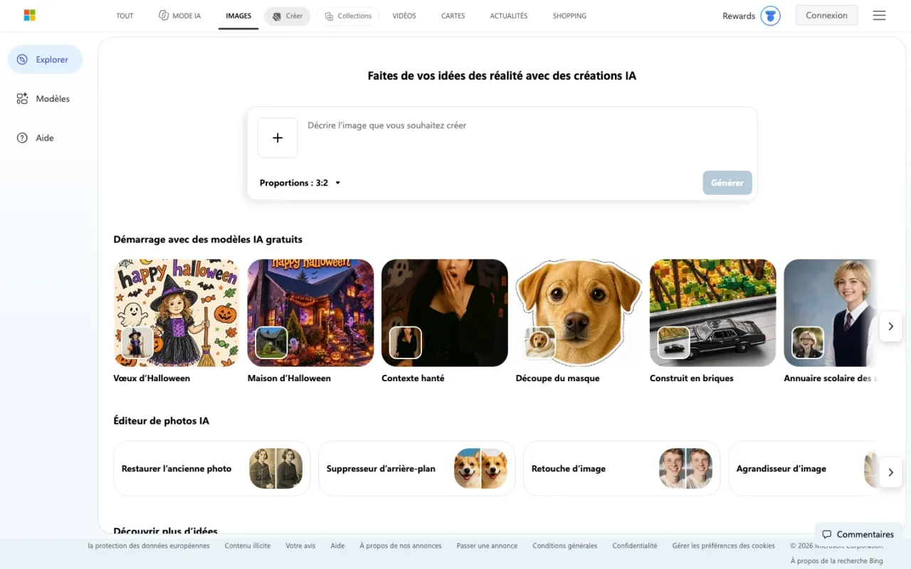 Accueil web de Bing Image Creator en français avec champ de description, bouton d'import de photo, proportions et bouton Générer