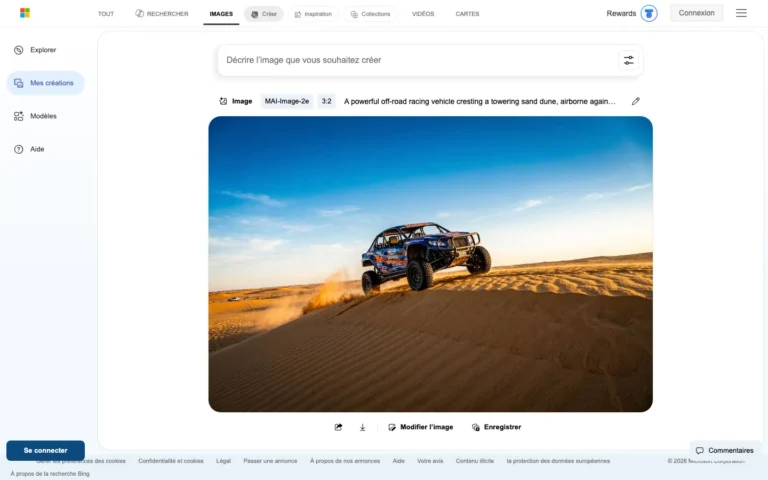 Image générée par Bing Image Creator avec le modèle MAI-Image-2e au format 3:2 et boutons Modifier l'image et Enregistrer