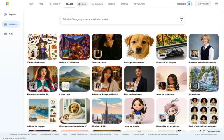 Galerie Modèles de Bing Image Creator avec des modèles thématiques comme affiche de voyage, pixel art 16 bits ou pack d'autocollants