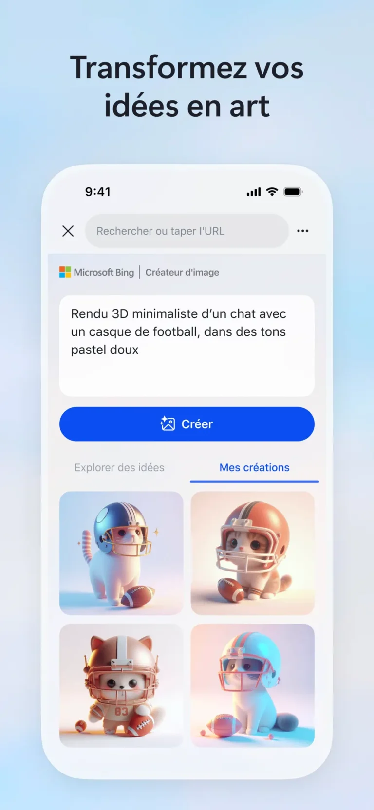 Mini-application Créateur d'image dans l'application mobile Microsoft Bing avec une requête en français et quatre images générées