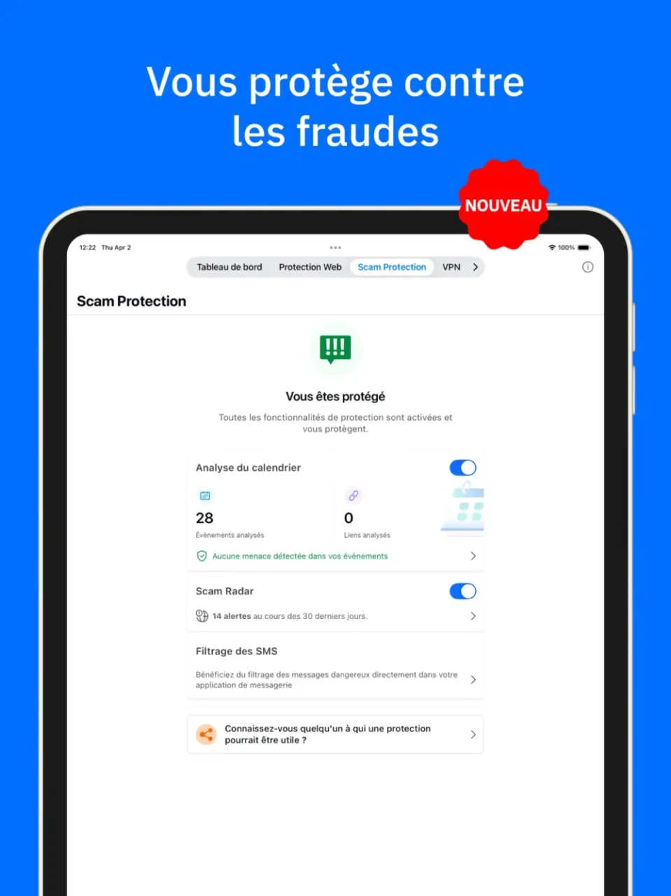 Écran Scam Protection de Bitdefender Mobile Security sur iPad avec analyse du calendrier, Scam Radar et filtrage des SMS