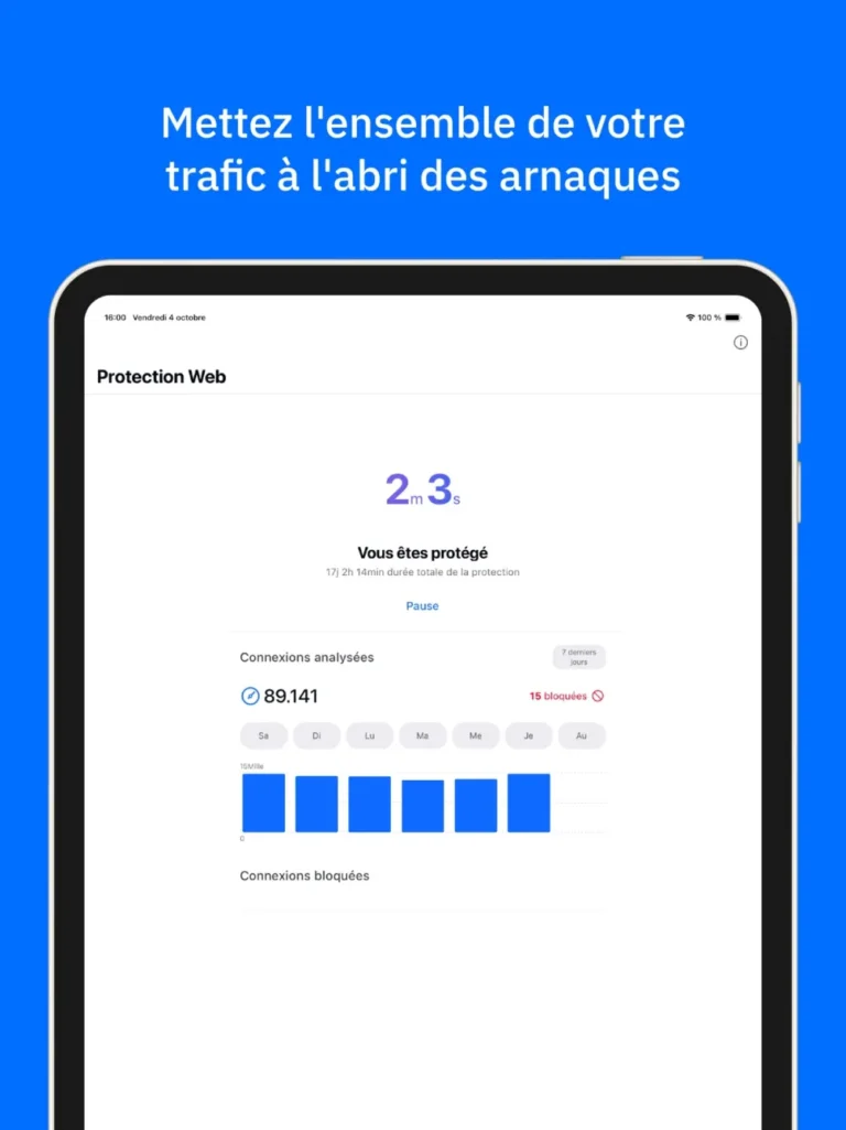 Écran Protection Web de Bitdefender Mobile Security avec durée de protection et graphique des connexions analysées sur 7 jours