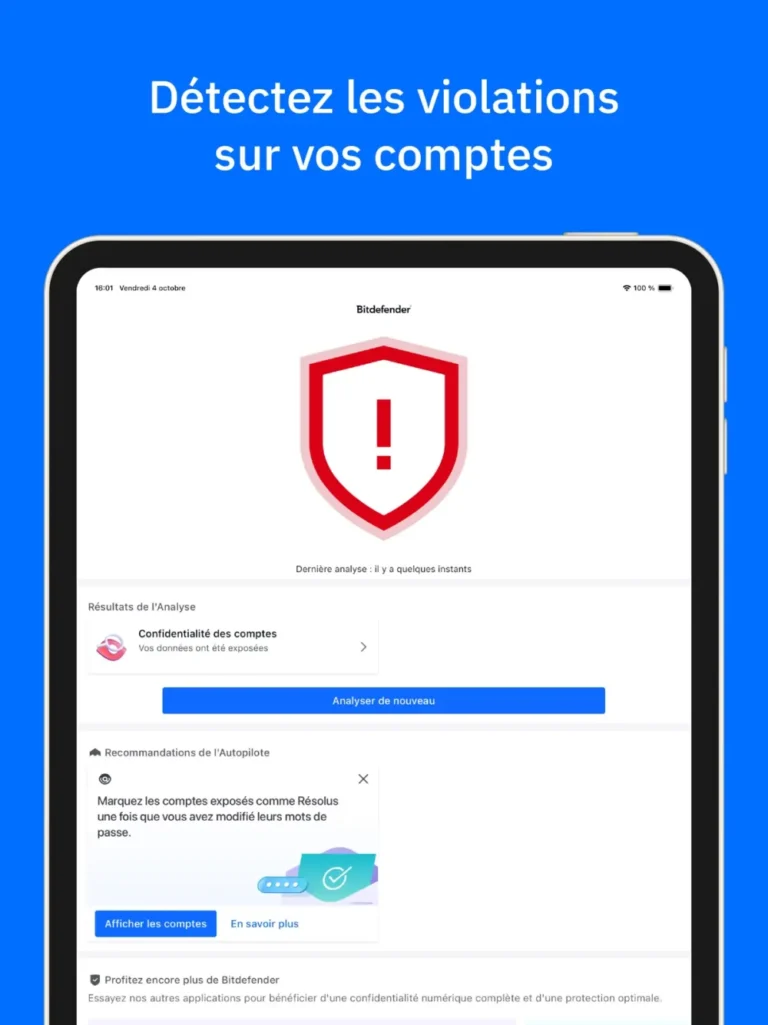 Résultat d'analyse de Bitdefender Mobile Security signalant des comptes exposés dans une fuite de données, avec recommandations