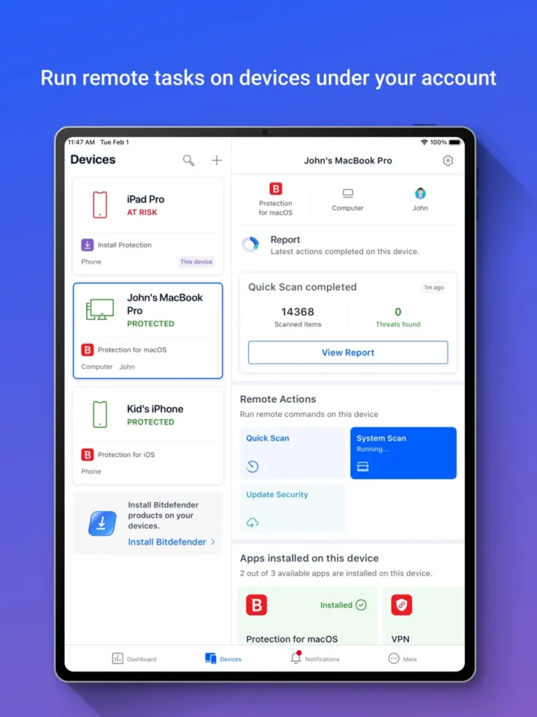 Liste des appareils dans Bitdefender Central avec état de protection, rapport d'analyse et actions à distance sur un Mac