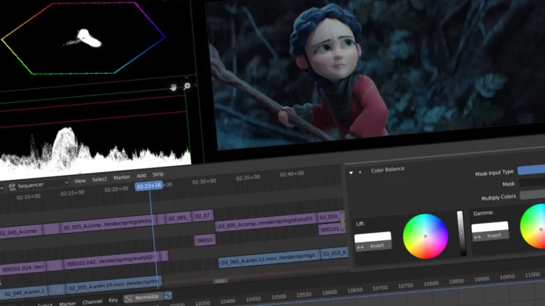 Éditeur vidéo de Blender avec pistes de plans, scopes vectorscope et forme d'onde et réglage de balance des couleurs