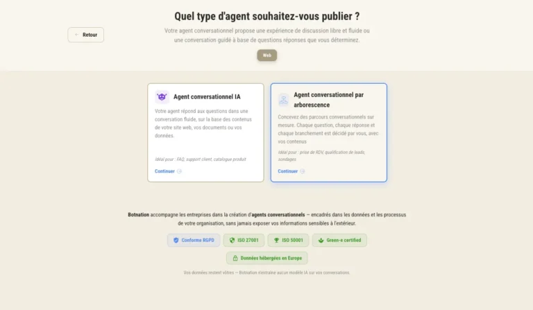 Choix du type d'agent dans Botnation : agent conversationnel IA ou agent conversationnel par arborescence