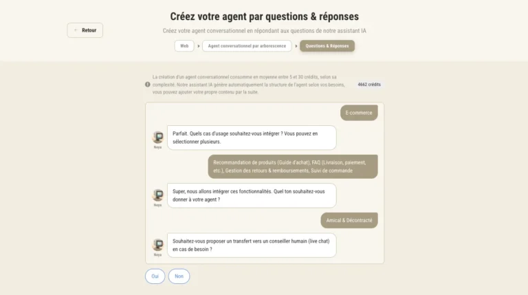 Création d'un agent Botnation par questions et réponses avec l'assistant IA : secteur, cas d'usage, ton et live chat