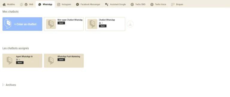 Tableau de bord Botnation filtré sur WhatsApp : chatbots de l'utilisateur, chatbots assignés et onglets par canal