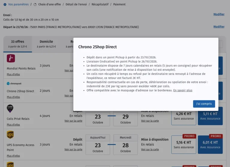 Fenêtre de détail de l'offre Chrono 2Shop Direct dans le comparateur Boxtal avec délais de retrait, frais de retour et indemnisation