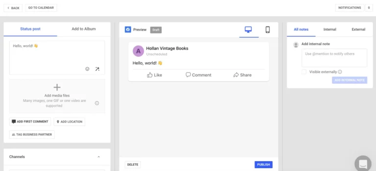 Éditeur de publication de Brandwatch avec zone de texte, aperçu Facebook ordinateur et mobile, et notes internes