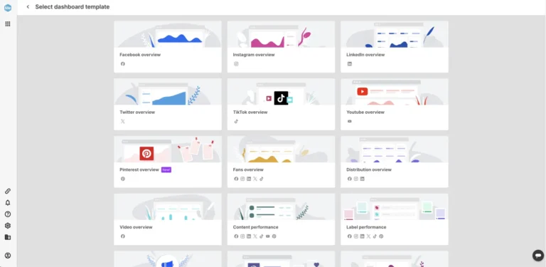 Choix d'un modèle de tableau de bord dans Measure : Facebook, Instagram, LinkedIn, TikTok, YouTube, Pinterest