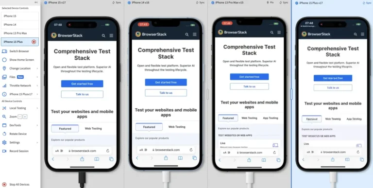 Test multi-appareils BrowserStack Live avec quatre iPhone réels affichant le même site côte à côte