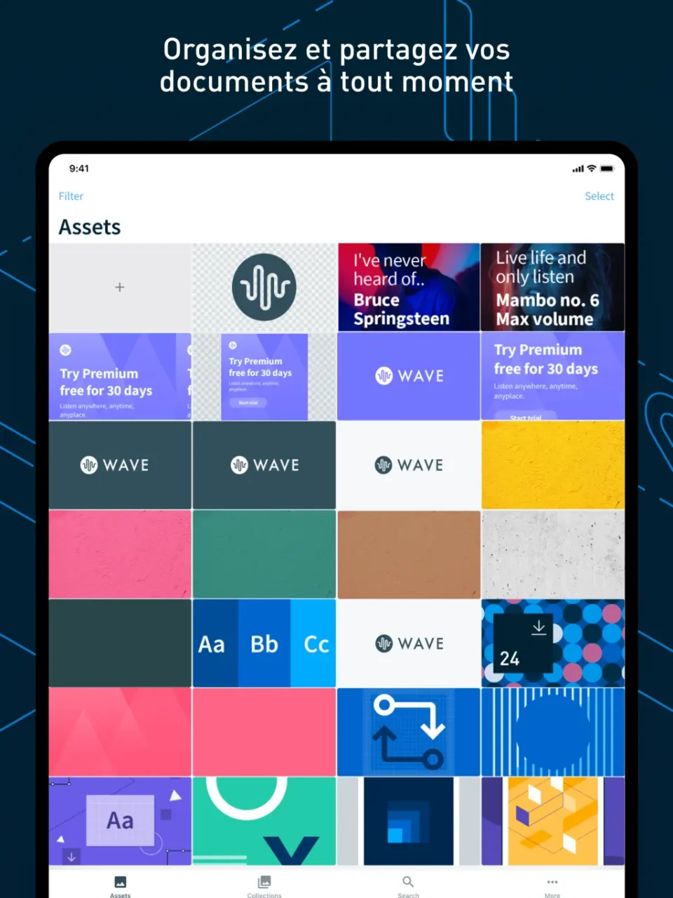 Application iPad de Bynder : grille des assets de la médiathèque avec filtres et onglets Assets, Collections, Search