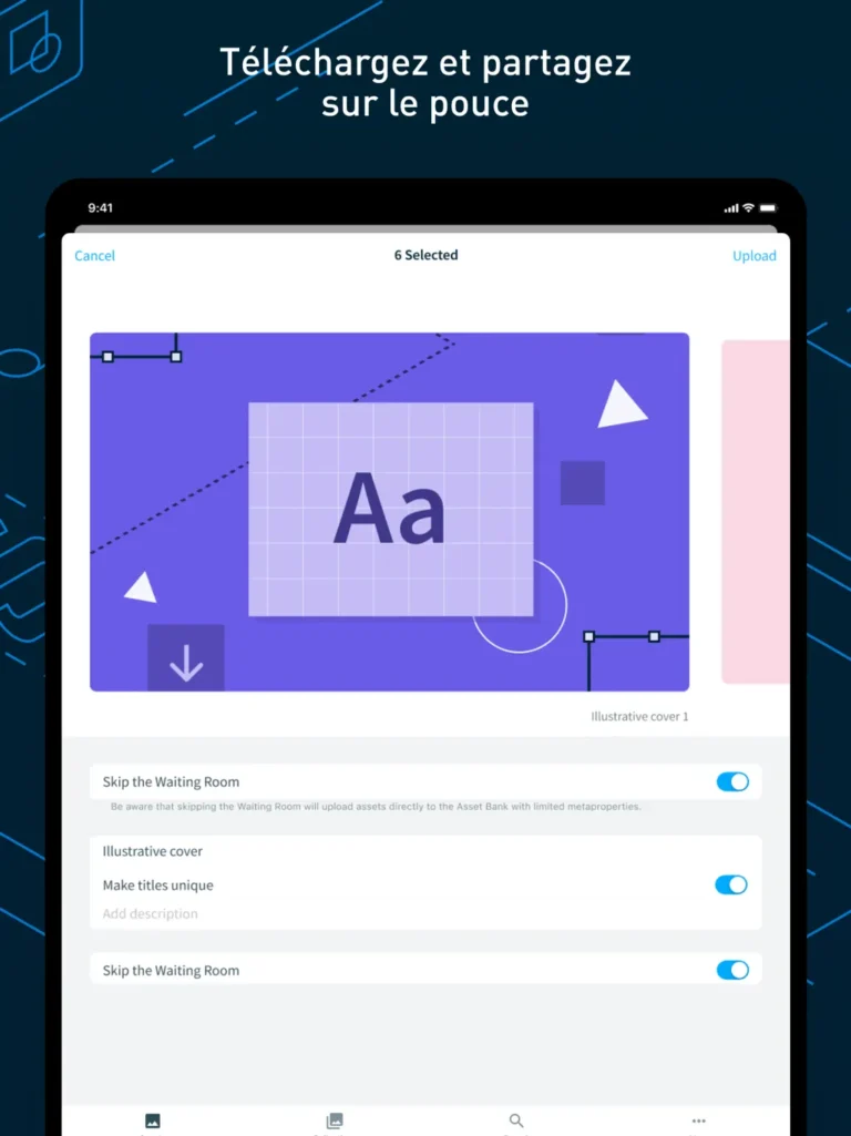 Import de six fichiers depuis l'application iPad de Bynder, avec option pour passer la salle d'attente