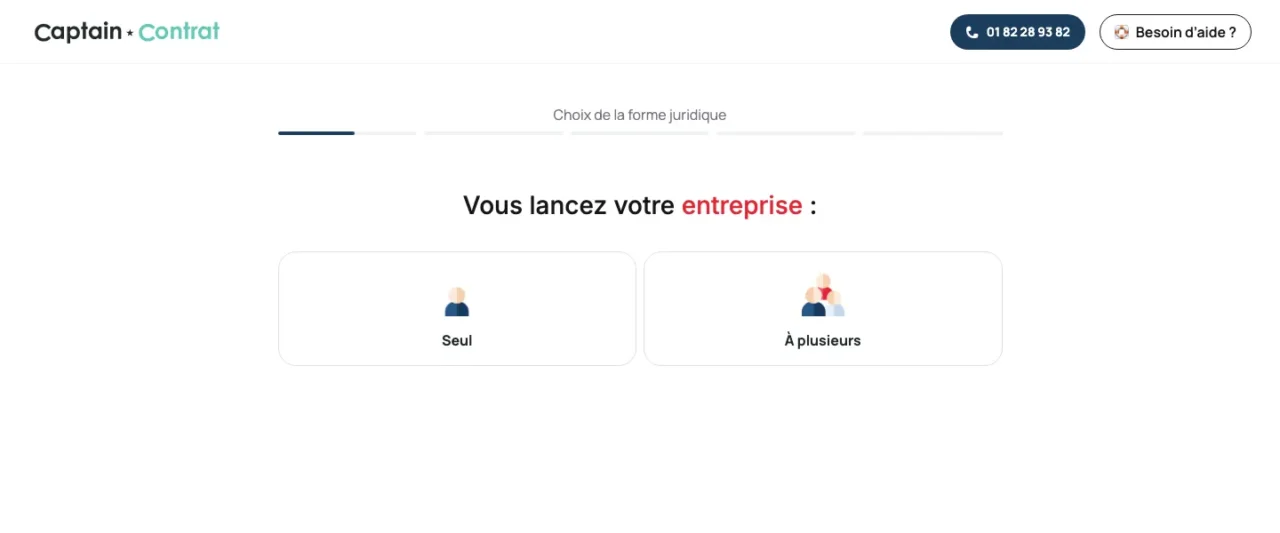 Première étape du simulateur de forme juridique de Captain Contrat : lancement de l'entreprise seul ou à plusieurs