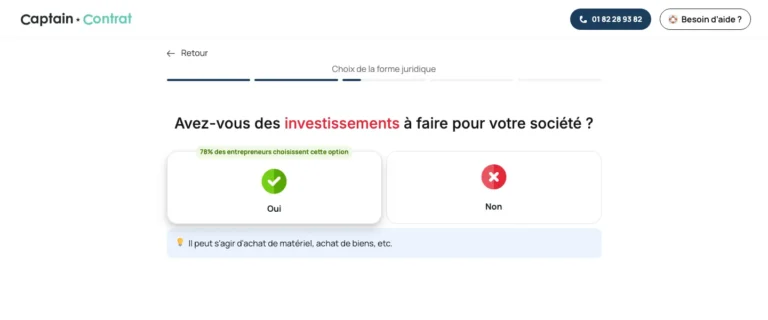 Question du simulateur Captain Contrat sur les investissements à prévoir, avec choix Oui ou Non et aide contextuelle