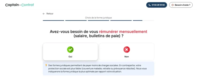 Question du simulateur Captain Contrat sur la rémunération mensuelle du dirigeant et ses effets sur la protection sociale