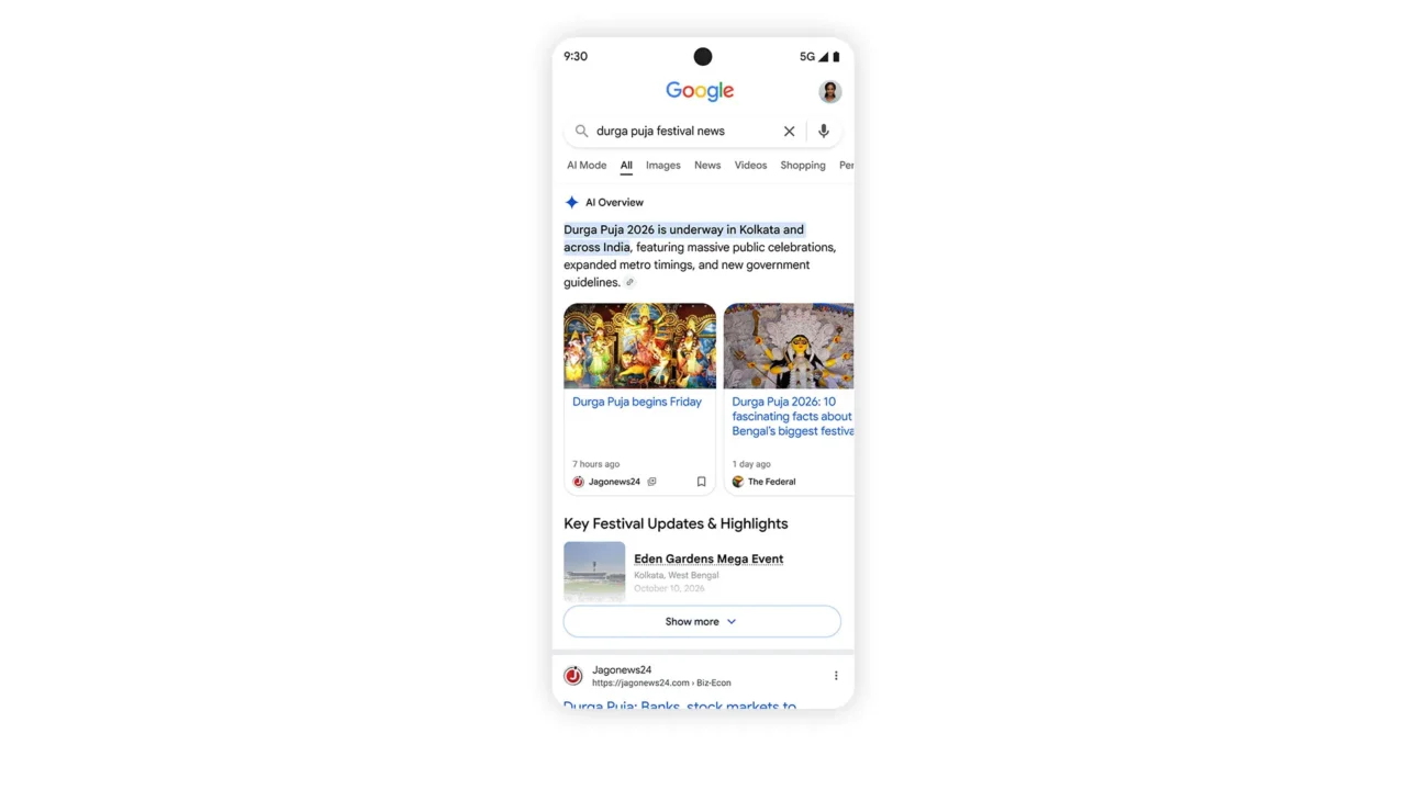 Aperçu du carrousel d'articles visible dans l'AI mode sur Google