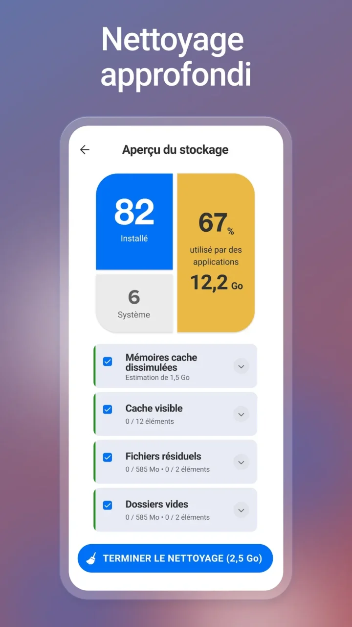 Écran Aperçu du stockage de CCleaner pour Android avec applications installées, espace occupé et catégories de cache