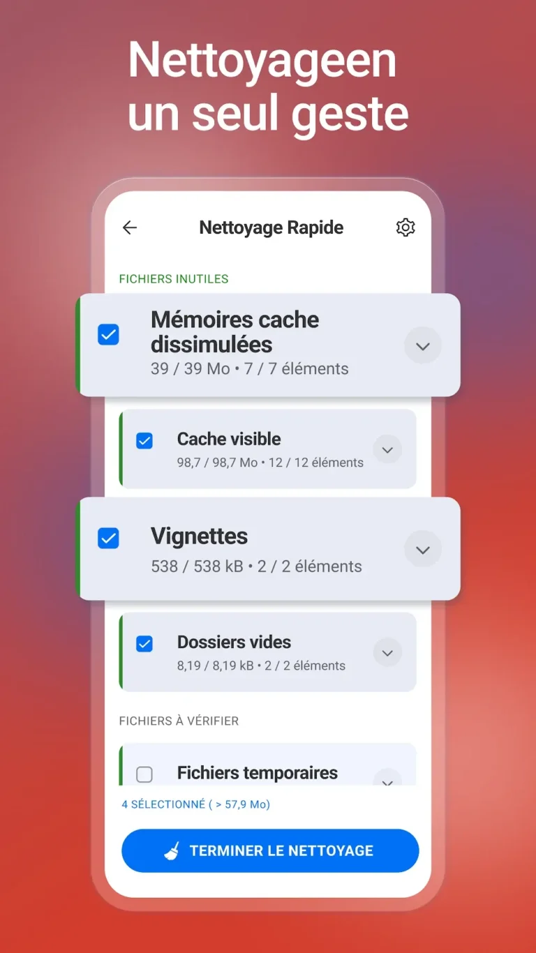 Écran Nettoyage rapide de CCleaner pour Android listant mémoires cache, vignettes et dossiers vides à cocher