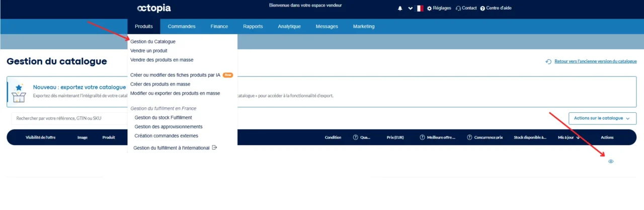 Espace vendeur Octopia avec le menu Produits ouvert sur la gestion du catalogue, la création en masse et le fulfillment