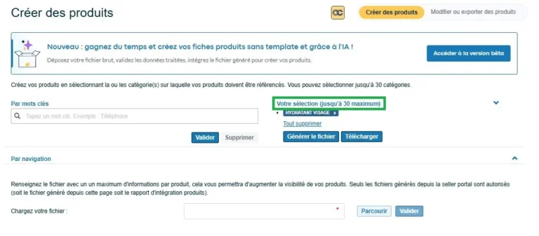 Écran Créer des produits avec sélection de catégories par mots clés, génération du fichier modèle et import