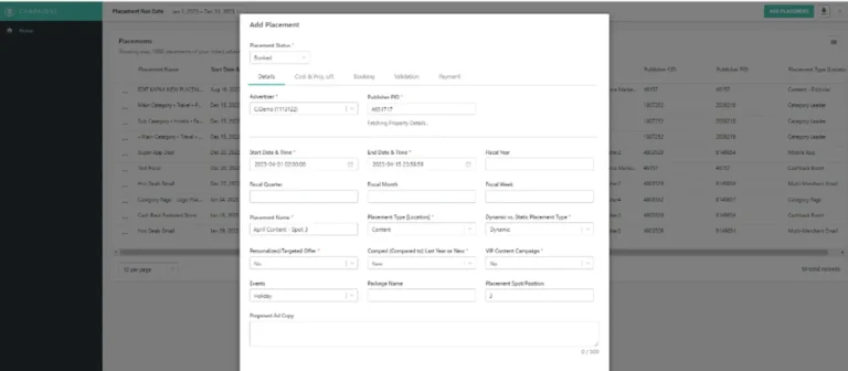 Module Campaigns de CJ : formulaire d'ajout d'un placement média avec éditeur, dates, type d'emplacement et position