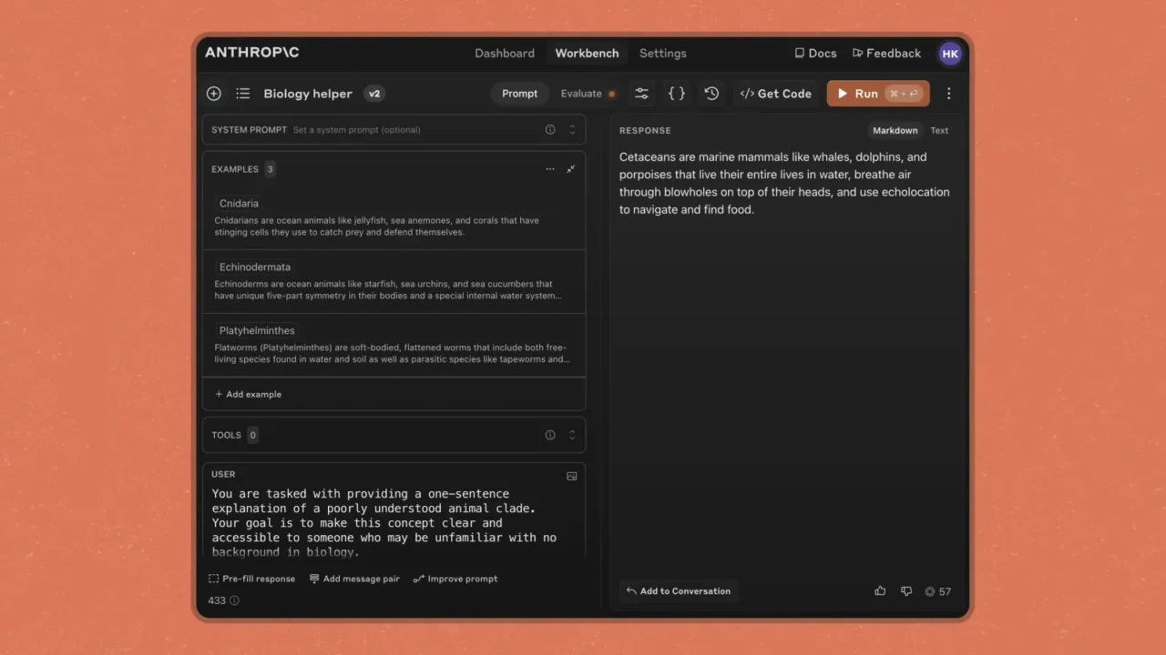 Playground de la console Anthropic avec prompt système, trois exemples, zone utilisateur et réponse de Claude à droite