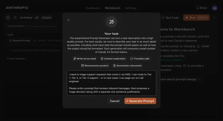 Générateur de prompt de la console Anthropic : description d'une tâche de tri de demandes de support par SMS