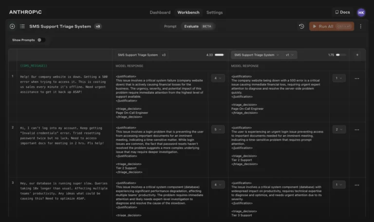 Mode Evaluate de la console Anthropic comparant deux versions d'un prompt avec notes de 1 à 5 par réponse