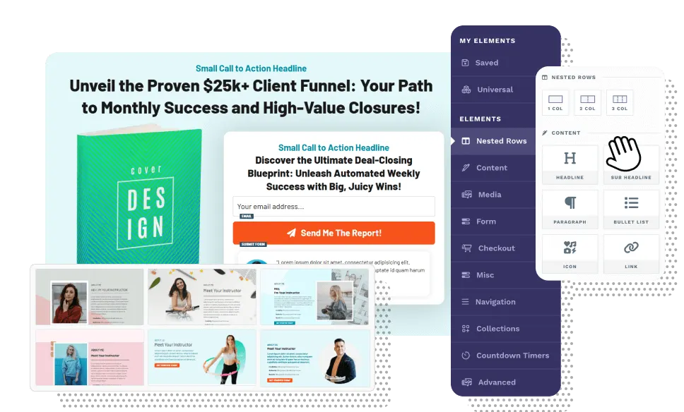 Éditeur de pages ClickFunnels avec panneau d'éléments par glisser-déposer : lignes, titres, formulaires, checkout et minuteurs
