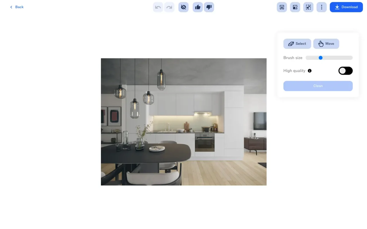 Éditeur Cleanup de Clipdrop avec une photo de cuisine, outils Select et Move, taille du pinceau et option High quality