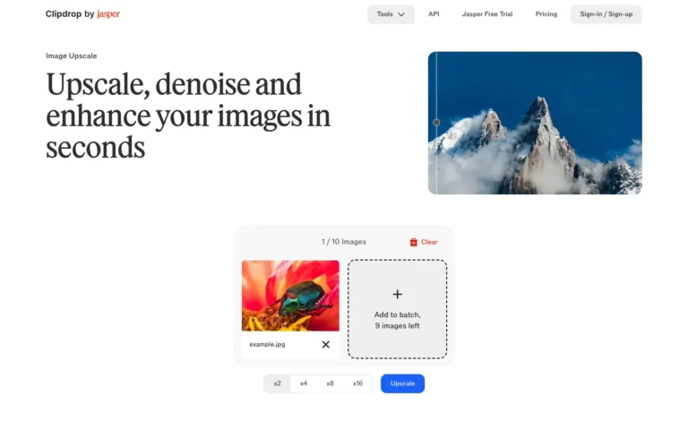 Page Image upscaler de Clipdrop avec une image en file d'attente et choix du facteur d'agrandissement x2, x4, x8 ou x16
