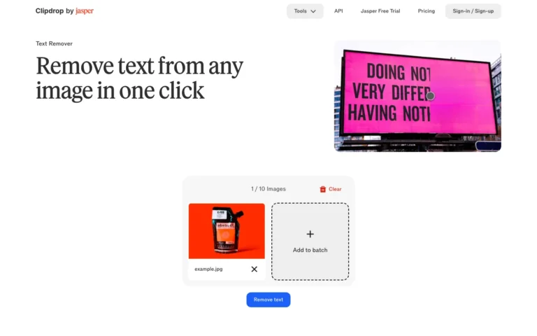 Page Text remover de Clipdrop avec une photo produit chargée dans le lot et bouton Remove text
