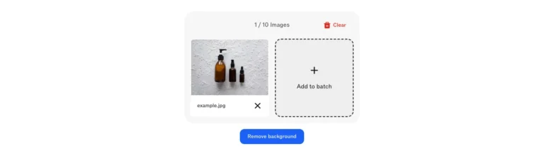 Lot de détourage de Clipdrop avec une photo de flacons, compteur 1 sur 10 images et bouton Remove background