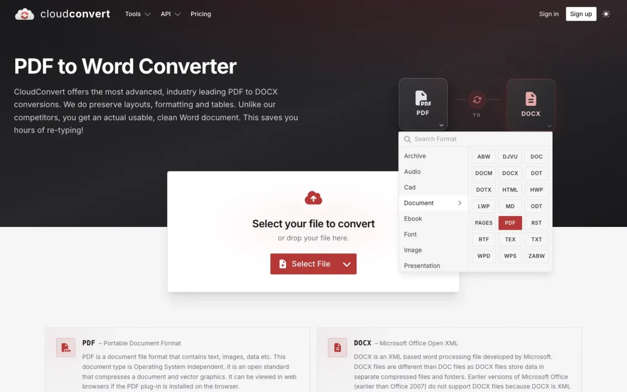 Convertisseur PDF vers Word de CloudConvert avec le sélecteur de formats ouvert sur la famille Document